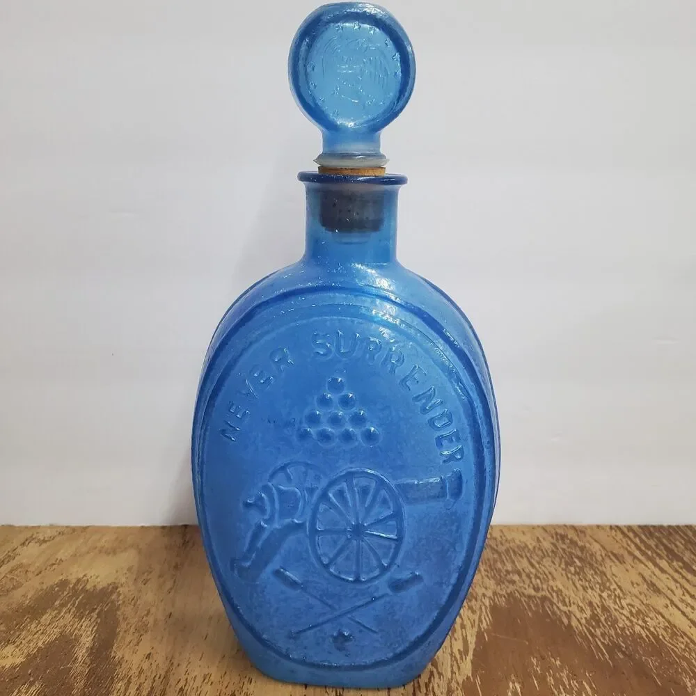 1970 Ezra Brooks Never Surrender Blue Glass Whiskey Bourbon Decanter Bottle